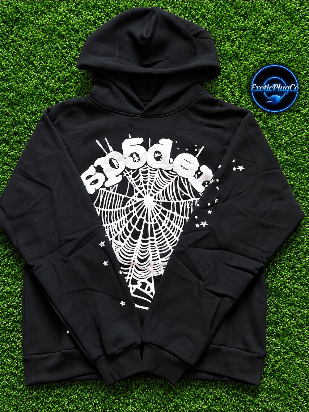 Black Graphic Crewneck Hoodie with White Spider Web Design